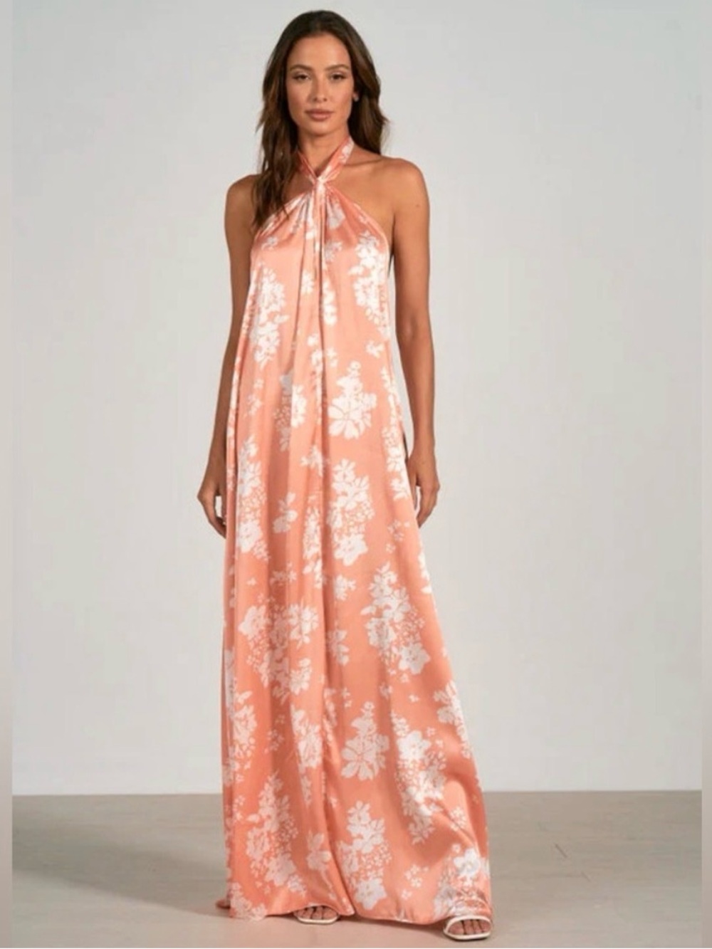 Elan Peach & White Floral Halter Maxi Dress